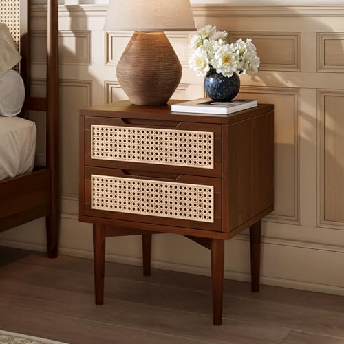 Bme Oliver Solid Wood Rattan Nightstand, Bohemian & Mid Century, Walnut