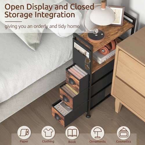 Oppro Small Narrow Side Tables, 3 Drawers Skinny Bedside Table Nightstand