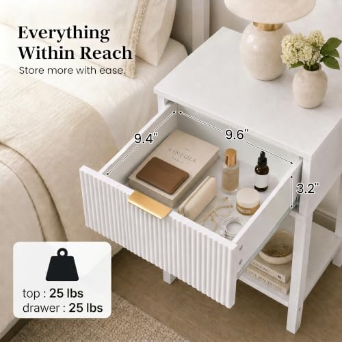 White 15.4" Wide Small Nightstand with Drawer,Open Shelf,Fluted Front