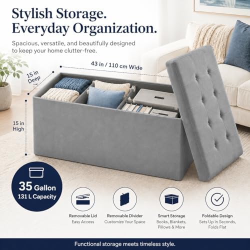 ALASDO 43 Inch Folding Storage Ottoman Bench with Hidden Storage, Velvet Storage Ottoman Foot Rest Stool, End of Bed Bench for Bedroom, Living Room, Entryway and Closet, Dark Gray