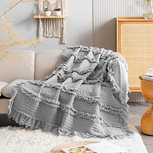 HORIMOTE HOME Stone Washed Quilted Throw Blanket with Ruffle Fringe Design - Soft & Chic Rustic Decorative Blanket for Couch, Bed, Chair - Pre-Washed Grey Boho Style - 50"x60"