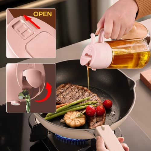 YARRAMATE Olive Oil Dispenser, 2 in 1 Oil Sprayer for Cooking, 17oz/500ml Glass Oil Spray Bottle with Pourer, Food-grade Oil Dispenser and Oil Sprayer for Kitchen, Salad, Frying (24_4pcs pinkset)