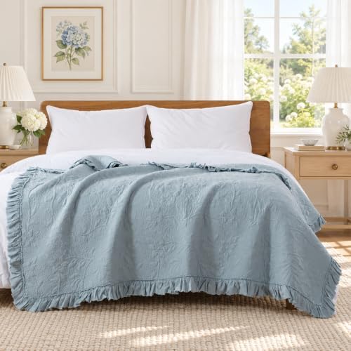 Brandream Dusty Blue Ruffled Quilted Throw Blanket Cotton 47 X 60 Blanket