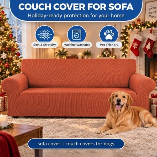 KEKUOU Stretch Couch Covers for Sofa, 3 Cushion Slipcover,Pureed Pumpkin