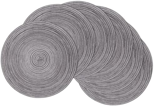 SHACOS Round Braided Placemats Set of 6 Round Table Mats 15 inch Cotton Washable for Holiday Party (Black Gray, 6)