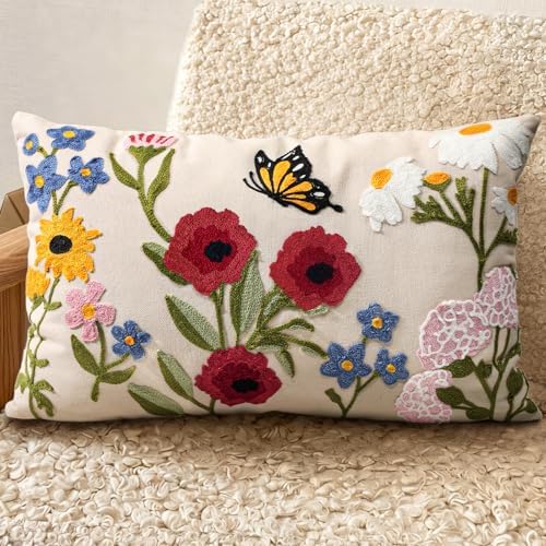 Embroidered Lumbar Pillow Cover 20x12 Inch, Retro Flower