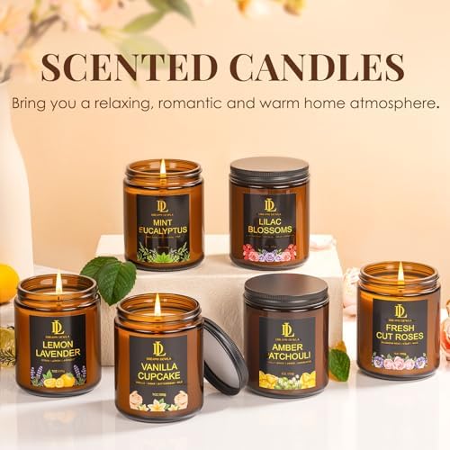 6 Pack Candles for Home Scented, Candles Gifts for Women Men, 42oz Soy Candle Set, Scents of Roses/Lemon Lavender/Vanilla Cupcake/Amber Patchouli/Lilac Blossoms/Mint Eucalyptus