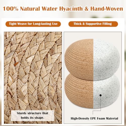 Briwooody 2 Pcs Handmade Round Water Hyacinth Low Pouf Ottoman