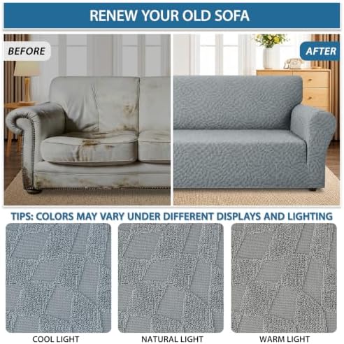 ZNSAYOTX 1 Piece Stretch Oversized Sofa Covers (91"-112"), New Plaid Couch Cover with Non-Slip Buckle for Dog Pets, Ultimate Soft Cozy Washable X-Large Sofa Slipcover Form Fit Protector, Light Grey