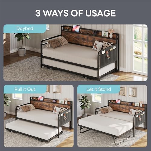 LIKIMIO Twin Daybed with Pop Up Trundle & Charging Station & Storage Shelf