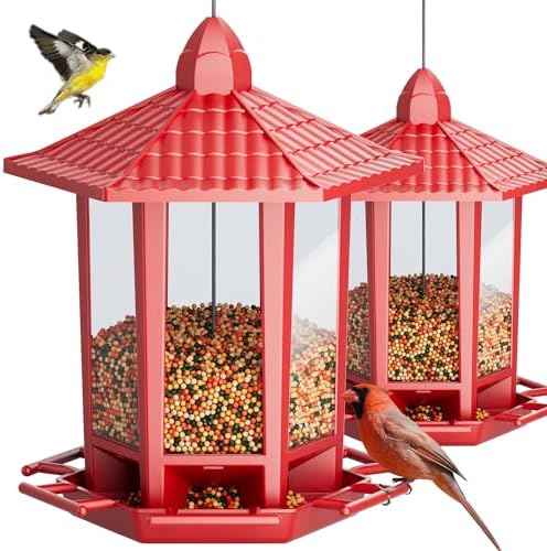 Birdream 2 Pack Bird Feeders for Outdoor Hanging, Retro Pagoda Design Fun Installation Bird Feeder, Attracting Wild Birds Chickadees Goldfinches Cardinals Finches and Sparrows - Red