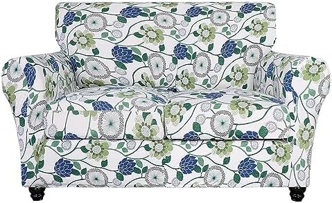 SearchI Stretch Sofa Cover Printed Couch Cover, Floral Pattern 3 Pieces Loveseat Slipcover with 2 Separate Cushion Cover, Washable Furniture Protector for Living Room(Loveseat, Green Flowers)
