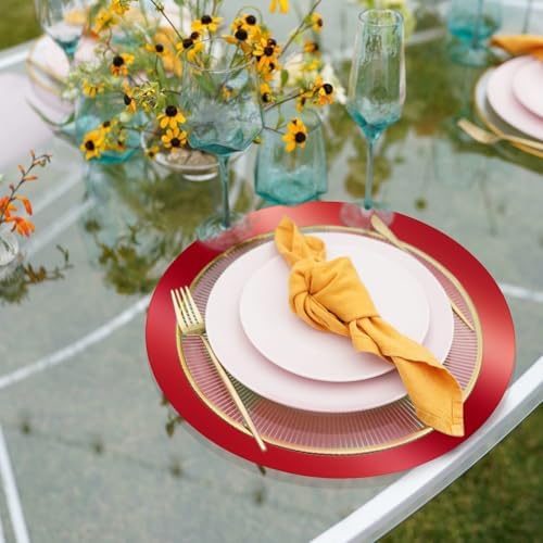 KesaPlan 100PCS 13in Round Red Placemats, Disposable Paper Chargers Plate