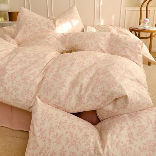 HighBuy French Floral Muslin Duvet Cover Set King Size for Women Girls,Pink Floral Print Princess Bedding Set,Soft 100% Gauze Cotton Muslin Bedding Comforter Cover with Zipper Closure