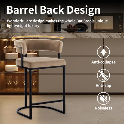 Set of 4 Brown Modern Velvet Bar Stools with Barrel Backrest, Upholstered Seat, and Black Metal Footrest – 25.6-Inch Seat Height, Ideal for Counters, Home Bars, and Kitchen Islands