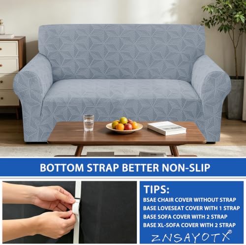 ZNSAYOTX Stretch Couch Cover, 1 Piece Sofa Covers for 2 Cushion Couch, Jacquard Loveseat Slipcovers with Elastic Bottom Thickened Furniture Protector for Dog Cat Pet (Medium, Light Grey)