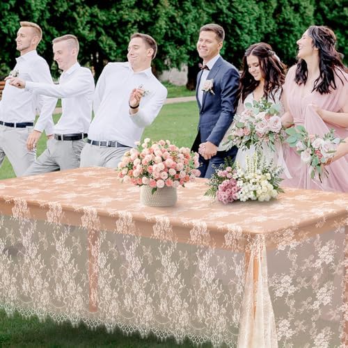 Fowecelt 5 Pcs Ivory Lace Tablecloth 60 X120 Inches Vintage Tablecloth Sheer Overlay Rectangle Floral Embroidered Lace Table Cloths for Rustic Boho Wedding Bridal Shower Party Reception Decoration