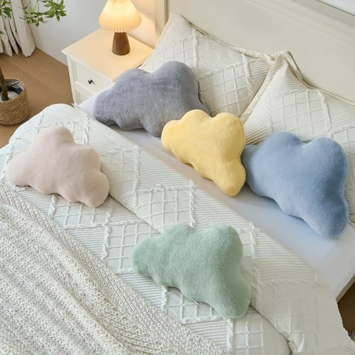 Cloud Pillows, Decorative Throw Pillow with Soft Plush for Couch Bed, Cloud Shaped Pillow Room Decor with Fluffy Faux Rabbit Fur for Living Room Bedroom (Beige, 14.5x22.4 Inches)