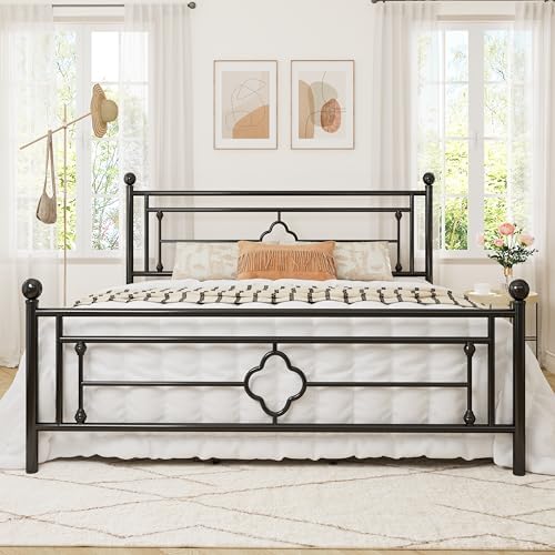 Allewie King Size Metal Platform Bed Frame, Victorian Headboard, Black