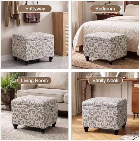 Adeco Storage Ottoman Damask Scrollwork 21" Linen Upholstered Foot Rest Stool with Hinged Lid, Heavy-Duty 360 lbs Support, Space-Saving Seat & Storage for Living Room, Bedroom, Entryway