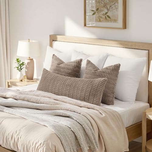 MIULEE Lumbar Corduroy Throw Pillow Cover for Bed 14x36 Light Brown