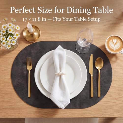 Oval Placemats Set of 4, Wipeable Faux Leather, Dark Grey