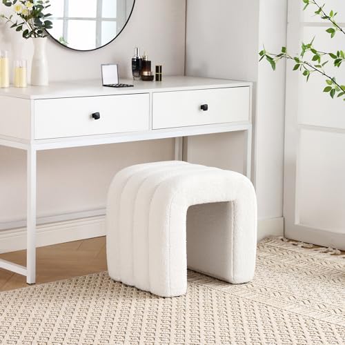 White Teddy Fleece Ottoman Stool, Cute Backless Vanity Stool Chair