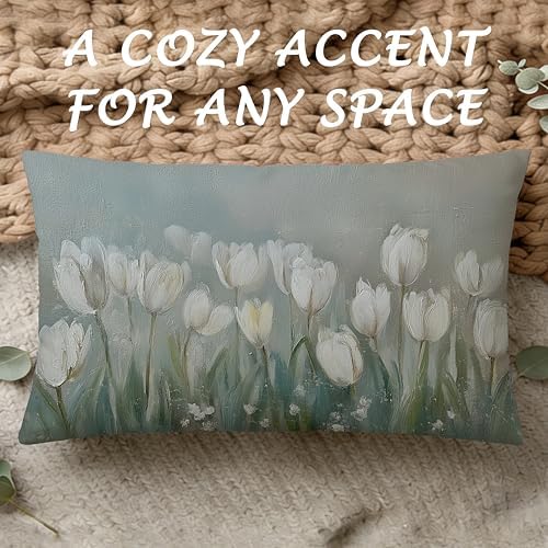 Vintage White Tulip Floral Pillow Cover 12x20, French Country Farmhouse Cottagecore Botanical Flower Decorative Lumbar Pillow Cover for Couch Bed Living Room Bedroom