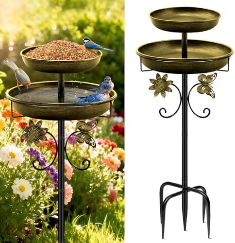 Daoeny Bird Bath for Outside, 42In Vintage Freestanding Birdbaths for Outdoors, Double Metal Bird Bath Feeder Bowls for Garden Patio Yard Lawn Decor, Upgraded 5-Pronged Base (Antique Golden)