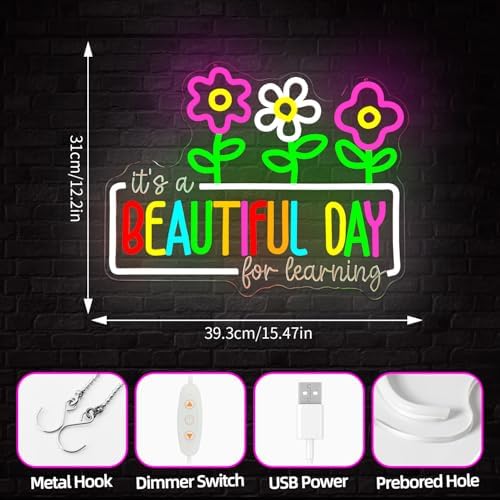 It's a Beautiful Day for Learning Neon Sign for Classroom Dimmable Flowers Neon Classroom Sign Inspirational Kids Learning Light Up Sign Reading Corner Decor
