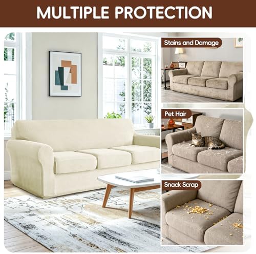 4 Pieces Stretch Couch Covers for 3 Cushion Sofa Cover Decorative Sofa Slipcover Non Slip Washable Thick Soft Elastic Furniture Protector for Pets,(Large, Beige)