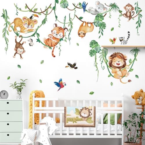 wondever Jungle Animals Climbing Tree Wall Decals Lion Tiger Wall Stickers