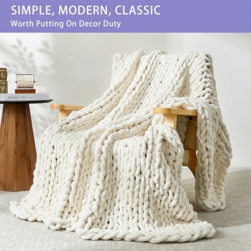 Bigacogo Chunky Knit Throw Blanket for Couch, 80x90 inches, Vintage White