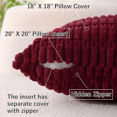 2 Pack Corduroy Decorative Throw Pillow with Inserts, 18x18 Inch Soft Boho Throw Pillow, Square Striped Throw Pillows for Couch, Bed, Sofa Decor (Burgundy)