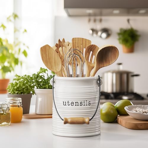 Barnyard Designs Ceramic Farmhouse Kitchen Utensil Holder, 6" White