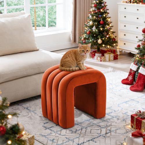 Rust Velvet Ottoman Stool, Backless Vanity Stool, Footrest for Couch