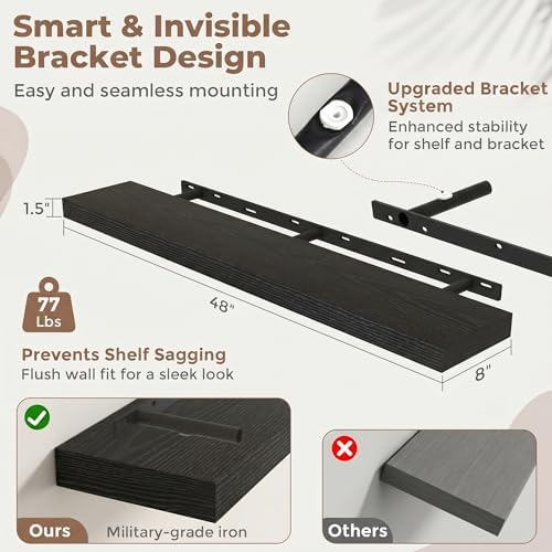 48 Inch Floating Shelves for Wall, 8"D Wood Storage Shelves, Black Finish