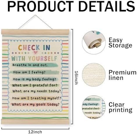 MAQIKA Mental Health Poster Framed with Wood Hanger, Boho Classroom Hanging Wall Decor, Check in with Yourself Rainbow Striped Canvas Wall Art Paints for Therapy Office Kids Room Classroom, 12x16 Inch