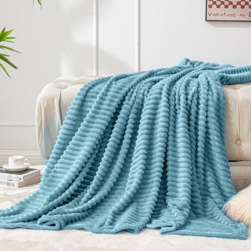 BEDELITE 3D Ribbed Washed Blue Fleece Throw Blanket for Couch, 50x60 Inch