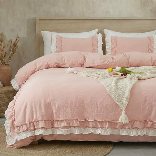 Bedorm Ruffle Duvet Cover Twin Coquette Bedding Ultra Soft Breathable Shabby Chic Bedding Pink Ruffled Duvet Cover Set Cute Comforter Cover