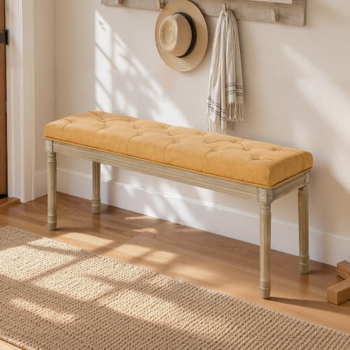 LUE BONA 44" Leather End of Bed Bench, Upholstered Tufted French Bedroom Bench with Carved Wood Legs for Bedroom End of King Size Bed, Living Room, Honey Tan