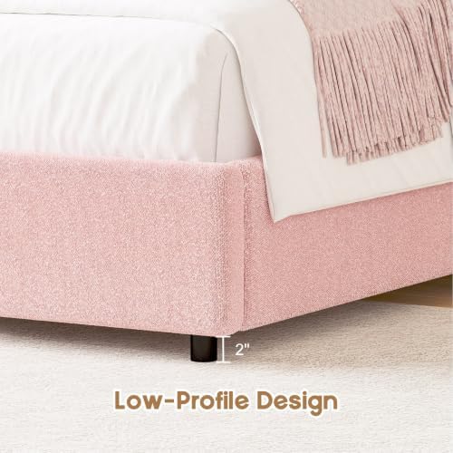 REVOMINCA King Size Bed Frame, Boucle Upholstered Platform Bed with Headboard, Soft Bed Frame with Round Corner, No Box Spring Required, Easy Assembly, Pink