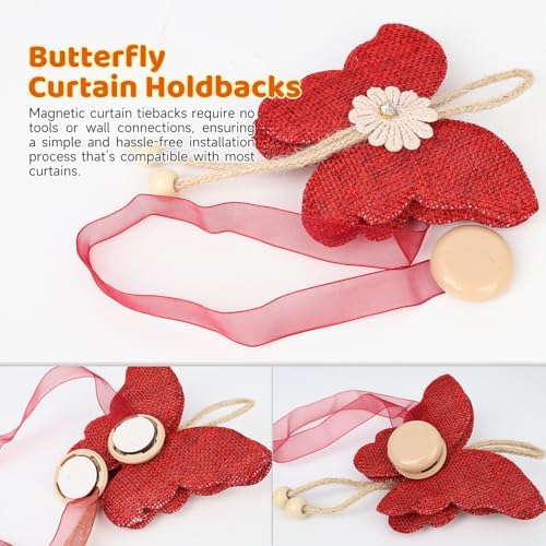 4 Pcs Cute Butterfly Curtain Holdbacks,Magnetic Curtain Tie Backs Decorative Rope for Living Room Bedroom Kitchen Bathroom Decoration (Red)