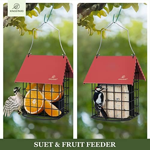 Kingsyard Double Suet Bird Feeder with Weatherproof Roof & Perch, All Metal, Suet Cakes Cage Bird Feeder for Outdoors Hanging, Easy to Clean & Refill, Red