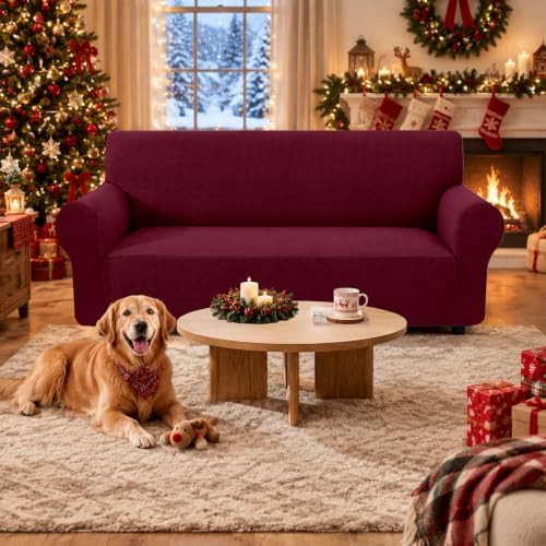 XINEAGE Stretch 2 Seater Slipcover, Non-Slip Pet Couch Cover,Wine Red