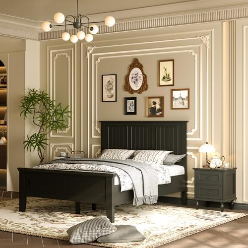 Wood Full Size Headboard Only with Farmhouse Style, Wall-Mounted , Black