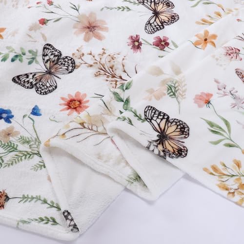 Floral Blanket Butterfly Wildflower Throw Blankets Colorful Flowers Botanical Plant Leaf Blanket Soft Cozy Flannel Fleece Bed Blankets for Couch Sofa Bed Lounging