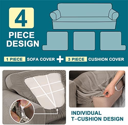 Turquoize 4 Piece T Cushion Sofa Slipcovers Stretch Couch Cover Furniture Covers with 3 Individual T Cushion Covers, Machine Washable (3 Cushion Sofa, Taupe)
