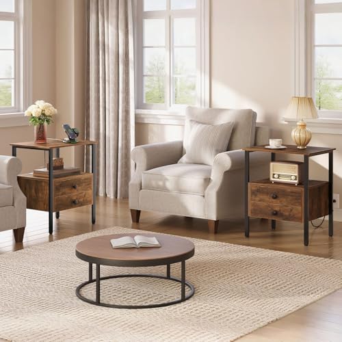 HOOBRO End Table Set of 2 with Charging Station, Bedside Table with Drawers