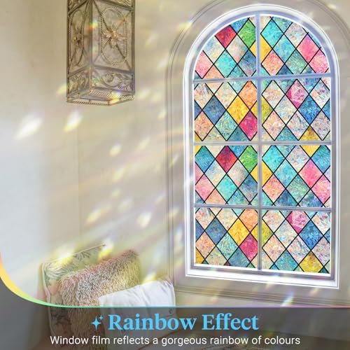 Haton Stained Glass Window Film, Rainbow Lattice Stickers, 35.4" x 78.7"